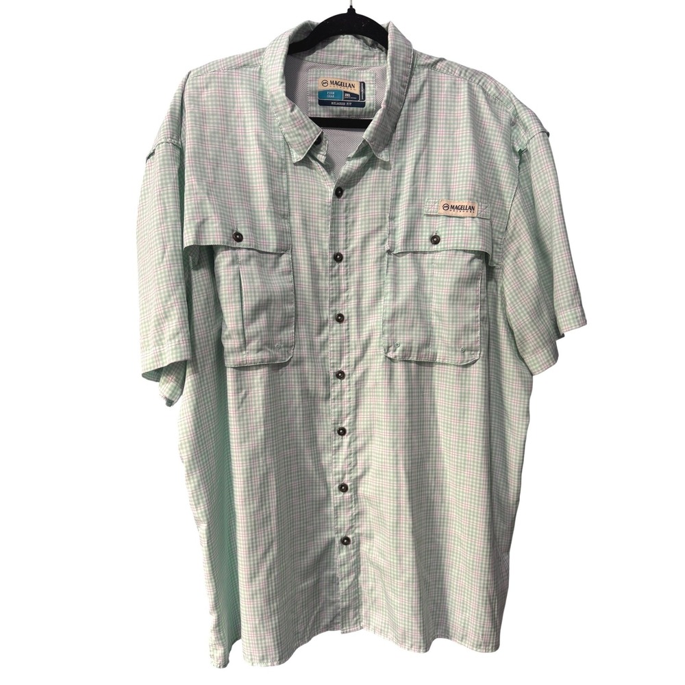 Magellan Outdoors Fish Gear Mens 2XL Green Gingham Plaid Short Sleeve Shirt